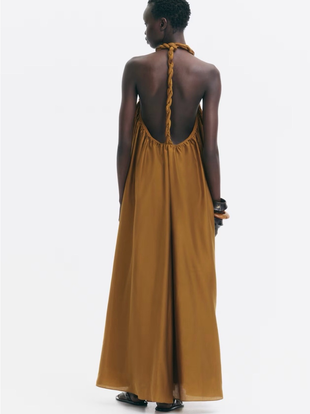 H&M Braid Detail Maxi Dress Sleeveless Flowy A-Line Halter Dk Golden Beige Large - Picture 3 of 7